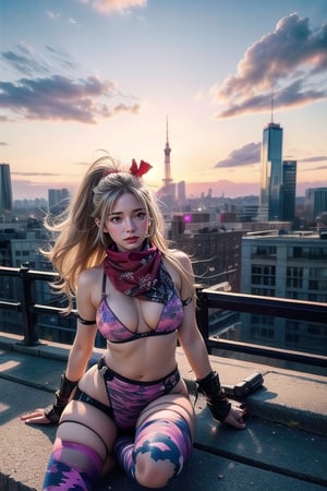 Here is a prompt for an SD art generator:

Create an 8K artwork featuring a stunning young female warrior posing sideways at sunset. The subject stands on the edge of a rooftop, her long blond hair adorned with butterfly accessories blowing gently in the wind. Her slender waist and plump figure are accentuated by a damaged transparent pink camouflage tights, worn over her uniform. A red silk scarf wraps around her neck, while pink suspender hollow stockings and 10-inch high heels complete her ensemble. Hold an advanced rifle at the ready as she gazes out at the battle-scarred cityscape in the background.