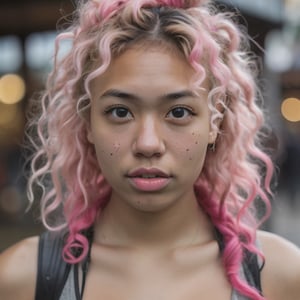 gritty candid raw  portrait, close-up photo of a young 20 year old beautiful, big lips, full body, high cheekbones, playful, Danish and asian mixed race, busty, long curly blonde and neon pink undercut hair, realistic skin texture, very tall and athletic, boho-chic, flawed skin, shot with Sony Alpha A6500 1.4f, bokeh, highly detailed, masterpiece, 