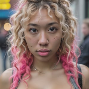 gritty candid raw  portrait, close-up photo of a young 20 year old beautiful, big lips, full body, high cheekbones, playful, Danish and asian mixed race, busty, long curly blonde and neon pink undercut hair, realistic skin texture, very tall and athletic, boho-chic, flawed skin, shot with Sony Alpha A6500 1.4f, bokeh, highly detailed, masterpiece, 