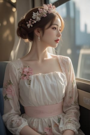 In a serene photo, a young East Asian woman shows off her delicate features in a sophisticated two-piece suit. Her fair skin gleams in the soft natural light, highlighting her large, expressive brown eyes and full pink lips. Her brunette hair was styled into an elegant updo with soft waves and accessorized with a delicate wig decorated with pink flowers and beads. Wearing headphones, sitting on the bus and looking out the window