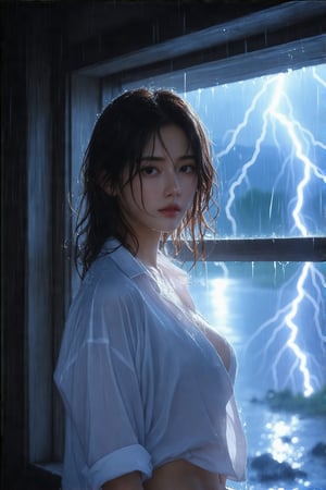 Masterpiece composition of a 20-year-old Korean girl, fair skin glowing under the dimly lit room's floor-to-ceiling window. Her brown hair frames her delicate oval face, showcasing a nervous expression. The boy's white shirt clings to her wet body, highlighting her super sexy silhouette. Outside, a dark sky rages with lightning and heavy rain, illuminated by the flashing storm. Her beauty shines amidst the turbulent atmosphere, as if she's the only oasis in the midst of chaos.