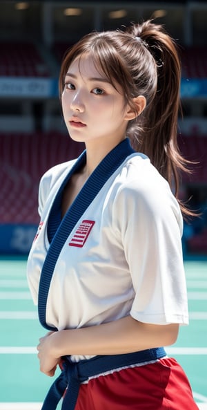 1 girl, solo, {beautiful and delicate eyes}, cool expression, natural soft light, ponytail, delicate facial features, beautiful Korean girl, 18 years old, judo player, judo uniform (no underwear), attractive figure, (gorgeous hair, half brown: 1.2), real hands, (fighting attack posture)), (big breasts, super sexy) (front focus), looking at the camera, the background is the Olympic stadium, there are many spectators around