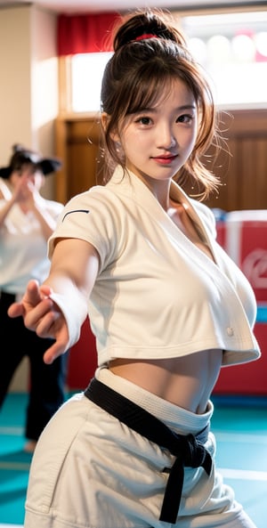 1 girl, solo, {beautiful and delicate eyes}, cool expression, natural and soft light, ponytail, delicate facial features, beautiful Korean girl, 18 years old, judo player, judo uniform, charming figure, smiling eyes, (gorgeous hair, half red, half brown: 1.2), curly hair, thin breasts, real hands, (fighting attack posture)), cowboy lens ( (big breasts, abdominal muscles, sexy)), ((front focus)), the background is the competition venue, there are many spectators around