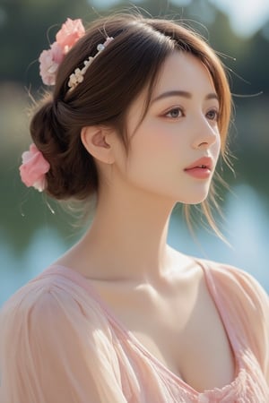 In a serene photo, a young East Asian woman shows off her delicate features in a sophisticated two-piece suit. Her fair skin gleams in the soft natural light, highlighting her large, expressive brown eyes and full pink lips. Her brunette hair was styled into an elegant updo with soft waves and accessorized with a delicate wig decorated with pink flowers and beads. A tranquil lake in the background