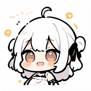  chibi, masterpiece, best quality, solo, 1girl, white hair, long hair, (two side up), brown eyes, two black bows on head,  choker,  ahoge,  cute smile, best smile, open mouth,  and white dress, short pants, simple background,masterpiece,Chibi anime,doodle,cute comic,cute girlmix