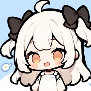  chibi, masterpiece, best quality, solo, 1girl, white hair, long hair, (two side up), brown eyes, two black bows on head,  choker,  ahoge,  cute smile, best smile, open mouth,  and white dress, short pants, simple background,masterpiece,Chibi anime,doodle,cute comic,cute girlmix