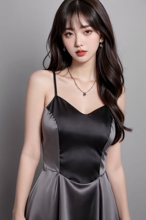 1girl, solo, long hair, breasts, looking at viewer, simple background, brown hair, black hair, dress, bare shoulders, jewelry, parted lips, grey background, necklace, black dress, lips, parted bangs, sleeveless dress, realistic