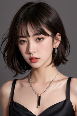1girl, solo, short hair, breasts, looking at viewer, simple background, brown hair, black hair, dress, bare shoulders, jewelry, parted lips, grey background, necklace, black dress, lips, parted bangs, sleeveless dress, realistic