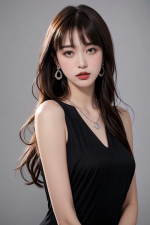1girl, solo, long hair, breasts, looking at viewer, simple background, brown hair, black hair, dress, bare shoulders, jewelry, parted lips, grey background, necklace, black dress, lips, parted bangs, sleeveless dress, realistic