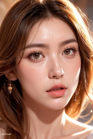 (RAW photo, best quality), (Beauty photography:1.3), (honey - colored eyes:1.3), detailed skin texture, textured skin, visible skin detail, radiant_skin, Pale skin, icy eyeshadow, juicy lips, Long Eyelashes.