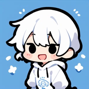  chibi, best quality, solo, 1
boy, white hair best smile, open mouth,  and white 
Hood, background Chibi anime,doodle,cute comic,cute 
