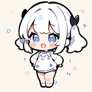  chibi, masterpiece, best quality, solo, 1girl, white hair pigtails hairstyle  blue eyes, ,  cute smile, best smile, open mouth,  and white dress, short pants, simple background,masterpiece,Chibi anime,doodle,cute comic,cute girlmix