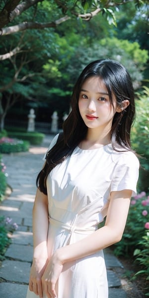 A graceful and beautiful Chinese girl in her twenties, exuding elegance and charm, with delicate features, wearing simple and stylish attire, long hair flowing, smiling in an elegant garden setting surrounded by lush greenery and blooming flowers. This high-quality image captures her natural beauty and grace, perfect for projects related to beauty, nature, or serenity. The shot showcases the girl's timeless beauty in a tranquil and picturesque garden.


