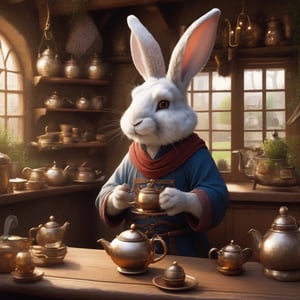 Rabbit Every Monday, in magic art style, makes tea in medival tea shop, very friendly, fluffy