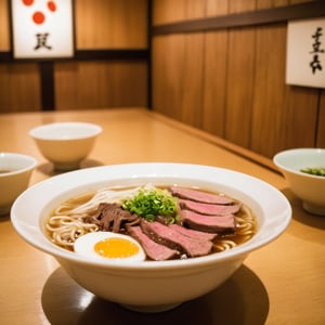 point and shoot photo of beef ramen, restaurant, wooden walls, Japan in the 1960's, f/16, noise, sepia tone, blurry background