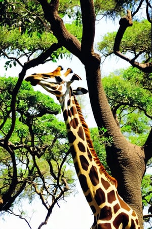 healing giraffe, eating leaves from the tall tree, africa