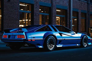 a 1980s sports car sitting in urban area at night seen from side view, 2 door car, sharp exhaust, blue chrome paint, photorealistic, best quality, masterpiece, (c_car), concept cars