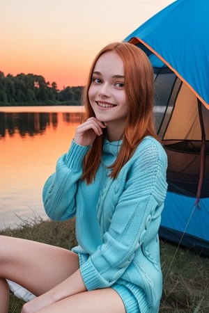 (hyperdetailed photography), upper body, (teenage French female), long straight orange hair, brown eyes, (soft blue sweater), skinny body, smug grin, looking at viewer, sitting, outdoors, tent near lake, vegetation, orange sky, masterpiece, hyperrealistic, 8k, sharp focus