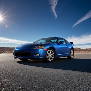 (hyperdetailed photography), (low view, front quarter angle), a Mitsubishi Eclipse 2003, dark blue car, reflective paint, outdoors, asphalt road, desert, Nevada, sunny blue sky, clouds, masterpiece, hyperrealistic, 8k, sharp focus