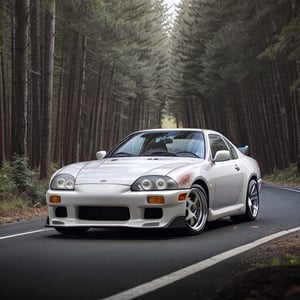 (hyperdetailed photography), front quarter view of a 1998 Toyota Supra MK4 sitting in the middle of a forest, (red paint), carbon spoiler, silver alloys, cracked asphalt road, at night, car photography, hyperrealistic, 8k, sharp focus, (no humans:1.2)