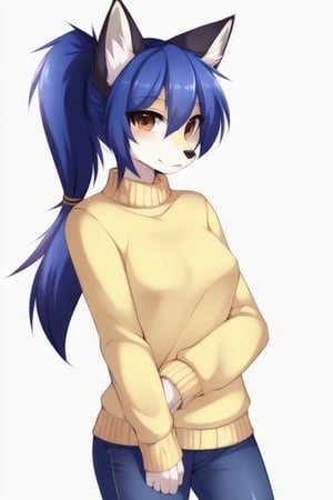 (by teranen:1.2), front quarter view, upper body, a (cute thin fox), furry female, (anthropomorphic, humanoid), (beige yellow body), skinny shapely body, twin ponytail hair, blue hair, (detailed face), detailed brown eyes, (long sleeve sweater), jeans, (white jeans), neutral expression, standing, simple background, white background, sharp shadows, absurdres, 4k, highest quality