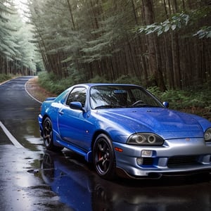 (hyperdetailed photography), front quarter view, a 1998 Toyota Supra sitting in the middle of a forest at night, blue paint, silver alloys, cracked asphalt surface, car photography, hyperrealistic, 8k, sharp focus, (no humans:1.2)