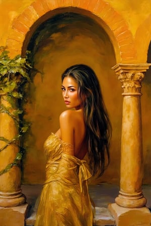 A sultry Mexican beauty stands out against the warm, ochre-toned traditional wall, her bronzed skin glowing with a natural radiance. Dark locks cascade down her back, highlighted by subtle threads of gold, as she gazes into the distance with an air of quiet intensity. Brick arches and verdant creepers adorn the columns, framing her enigmatic smile like a work of art.