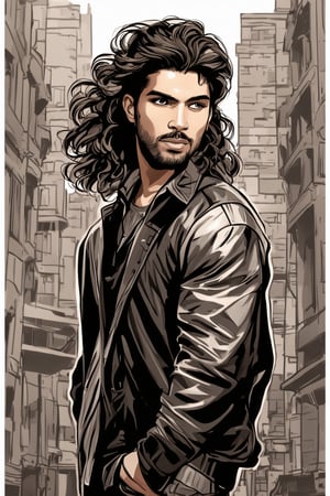 A captivating manga-inspired portrait of a ravishing young Indian man, set against a moody sepia-toned cityscape. His long wavy locks cascade down his back. He stands confidently, exuding self-assurance and poise, with features defined by bold lines. Trendy attire complements his striking built as he dominates the monochromatic backdrop, with subtle shading of grey hues creating a dramatic contrast that emphasizes the 2-tone artistry.