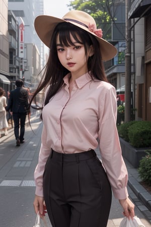 The Animation storyboard: Miyaki stands confidently on a Tokyo suburban street, her silky brown-black hair expertly tucked under her fedora hat. She wears a sleek grey trouser-suit with a pastel pink shirt and bold red canvas keds. The warm sunlight casts a soft glow, accentuating her luscious lips and defined jawline. Her mesmerizing brown eyes sparkle as she poses side-angled, commanding the scene.