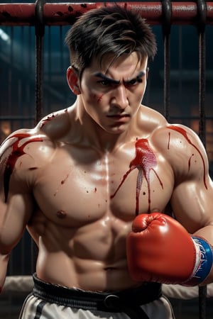4K, Photo Realistic, RAW, High resolution, extremely detailed, of modern 28 year old  male, Street fighter, masterpiece, best quality, high resolution,  64k, high quality, Full body, bruised eyebrow, blood dripping, fighting_stance, in an underground cage fight scene, under lit, atmospheric scene, 