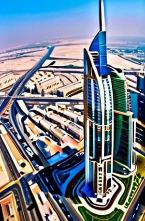 Panoramic shot from atop Burj Khalifa's helicopter pad: Dubai's metropolis sprawls below, bathed in warm sunlight. Sheikh Zayed Road's skyscrapers stand tall, while distant traffic hum and chatter harmonize in a lively symphony. The tranquil creek glimmers in the distance, juxtaposed against the city's frenetic energy.