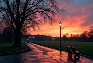 A vivid sunset sky over Zurich, as a solitary lampost stands guard over a clandestine park. A tree's branches stretch towards the pavement, its roots dug deep into the wet earth. In the distance, a ground vehicle navigates the slick road, leaving ruts in the muddy asphalt. A lone bench awaits occupant, shrouded in dusky reflection.