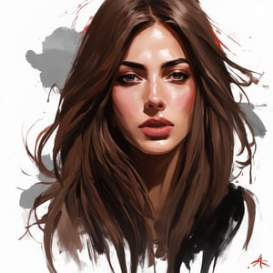 A painting of an attractive brown girl with long, flowing brown hair cascading along the side of her face. Her gaze is slightly lowered, revealing a melancholic expression that dominates her features. The brushstrokes are expressive, effectively conveying her mood through dynamic strokes. The color palette predominantly features grey and red hues, enhancing the somber atmosphere. The composition centers on her face, capturing the depth of her emotions in a solitary moment.