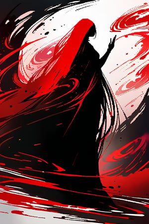 A lone figure, 1girl, as she runs with deadly purpose. In the foreground, her assassin's gaze is fixed intently forward, a bushido waving menacingly in her hand. The background swirls with dynamic brushstrokes of ink in black, red and white, creating a stunning silhouette that draws the viewer's eye.