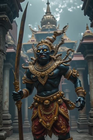 A fierce Asura stands guard at the temple of Buddha, a grey 4-feet structure. The Asura's angry eyes gleam with intensity, adorned with golden ornaments. In one hand, it wields a haggard sword, and in the other, a thick, long staff. The scene is framed with the Asura in the foreground, the temple behind, under dramatic lighting that highlights the Asura's menacing presence.