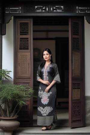 Chinese ink style,  (((full body))), young Indian woman, 35 years old,  raven-black straight hair, (slim body), printed dress, standing at the entrance of a traditional house