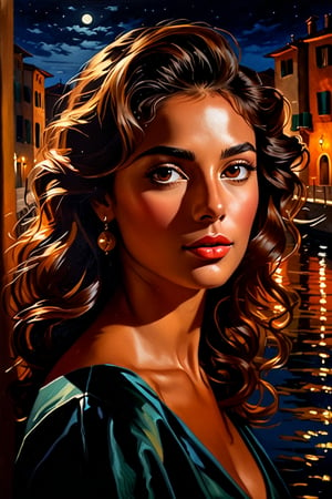 masterpiece, high quality, deep shadow, in the dark, oil painting style, night view, dim light reflecting on a beautiful Italian woman's face, brown eyes, brown tresses, fall along her side, mesmerizing the view in her pure beauty.