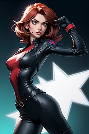 create a photo realistic 3d high resolution character that is mix of comics book characters Black Widow and Modesty Blaise in a action pose