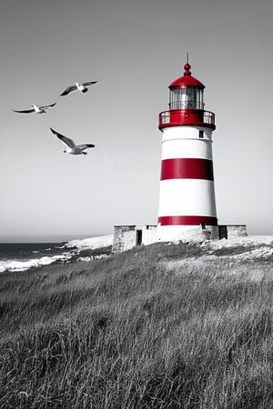 , 1lighthouse, red-white stripe lighthouse,, solo, white/grey hues, shore, background, gulls flying, monochrome, greyscale, tinted, 
masterpiece, best quality, aesthetic, 