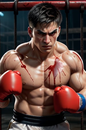 4K, Photo  Realistic, High resolution, extremely detailed, of modern 28 year old  male, Street fighter, masterpiece, best quality, high resolution,  64k, high quality, Full body, bruised eyebrow, blood dripping, fighting_stance, in an underground cage fight scene, under lit, atmospheric scene, 
