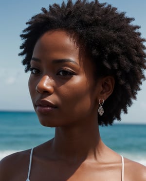 a beautiful young black girl with a tattoo, beautiful Afro-Cuban hair, frosty lips, small earrings,intricate high quality details, beach shore background  photorealistic