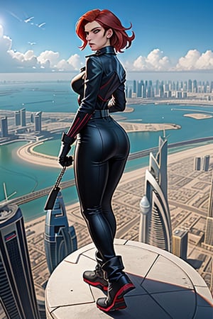 create a photo realistic 3d high resolution character that is mix of comics book characters Black Widow and Modesty Blaise in action atop the helipad on the roof of Burj Al Arab partially overlooking the sea, and majorily Dubai skyline in the background