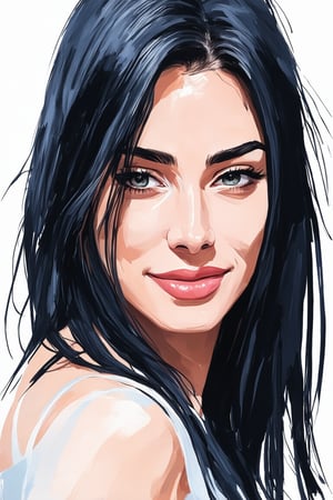 A painting of an attractive, carefree, Latina with long black hair cascading along the side of her face. Her gaze goes beyond, revealing a joyful expression that dominates her features. The brushstrokes are expressive, effectively conveying her mood through dynamic strokes. The color palette predominantly features light hues, enhancing the atmosphere. The composition centers on her face, capturing the depth of her emotions in that moment, geometric background.