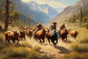 an oil painting masterpiece: a herd of wild bulls being chased by cowboys, the grand western terrain in all its splendour is brought to life in this majestic scene, master brushstrokes, enliven the image.