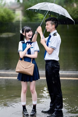 no raincoat, no umbrella, asian high school cute 1girl and cute 1boy in uniform, under the rain, holding shoes and bag, wet uniform, wet hair,  rain drop, water splash, love, pure, innocence