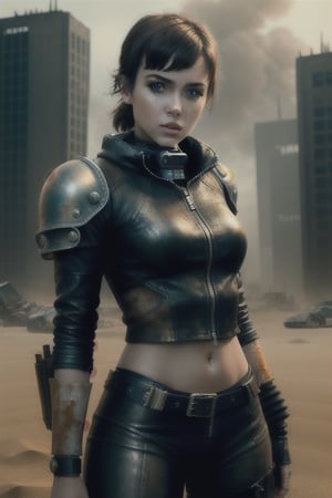 solo, masterpiece, best quality, perfect face, body shot of a cyborg humanoid girl wearing leather suit, dreary, apocalyptic, sandy, futuristic, Mad Max cinematic style
