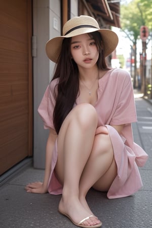 Miyaki's piercing gaze fixes on the viewer from beneath the brim of her fedora, her silky brown-black hair immaculately tied up under her hat, as she poses on a Tokyo suburban street in a grey suit and pastel pink shirt. Red Keds beneath the ankle length trousers. The soft glow of the sun, casts a warm ambiance, accentuating her lips and the sharp line of her jaw. Her expressive brown eyes seem to absorb every detail, as if mentally documenting the scene.