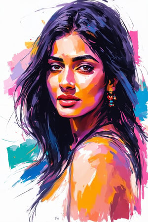 A painting of an attractive, carefree, Indian girl, with long black hair cascading along the side of her face. Her gaze goes beyond, revealing a joyful expression that dominates her features. The brushstrokes are expressive, effectively conveying her mood through dynamic strokes. The color palette predominantly features light hues, enhancing the atmosphere. The composition centers on her face, capturing the depth of her emotions in that moment, geometric background.