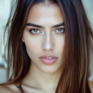 A close-up shot of an attractive brown girl with long, flowing brown hair cascading along the side of her face. Her gaze is slightly lowered, revealing a melancholic expression that dominates her features. The lighting is soft and warm, highlighting her contemplative mood. The composition centers on her face, capturing the depth of her emotions in a solitary moment.