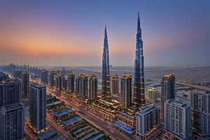 A  majestic aerial view unfolds: as I watch from the chopper atop the iconic Burj Khalifa, gazing out at the sprawling metropolis of Dubai. The sun casts a warm glow on the towering skyscrapers and bustling Sheikh Zayed Road below, while the distant hum of traffic and chatter creates a lively symphony. The creek glimmers in the distance, its serene waters a stark contrast to the city's frenetic energy.